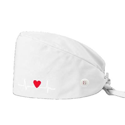 China Breathable Comfortable Cotton Buttoned Heartbeat Hat Unisex Satin Coating Surgical Pet Shop Pet Shop Work Hat Scrub Hat for sale