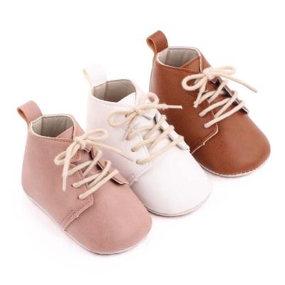 China New Arrival PU Baby Boy Fllat Toddler 9-18months Stylish Lace Up Barefoot Shoes High Quality Leather Round Foot for sale