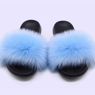 China Anti Slip Navy Anti Slip Cut Causal Hairy Kids Indoor Fox Slip On Slides Kids Faux Raccoon Fur Women Slippers for sale