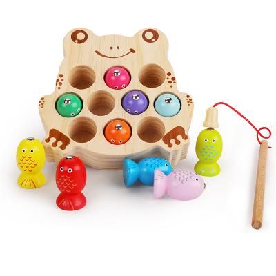 China Cute Pine Game Wooden Fishing Toys For Toddlers Skill Learning Magnet Pole Sling Fishing Smart Beads Eduional Toy for sale