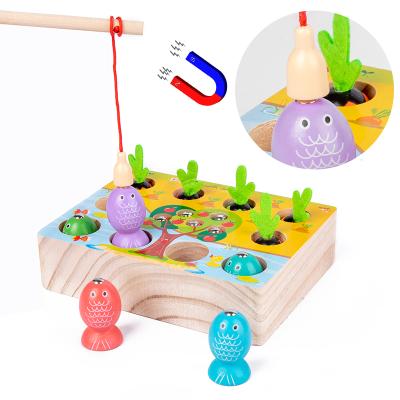 China Magnetic Wooden Three In One Board Fishing Toys Catch Worms Games Kids Color Knowledge Enlightenment Early Education Toys for sale