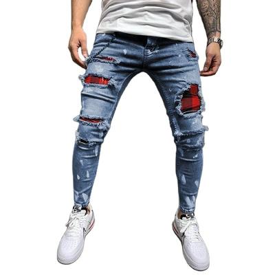 China New Style Breathable Men's Fashion Distressed Destroyed Badge Pants Slim Jeans Men Art Jeans Pants Skinny Biker Patches White for sale