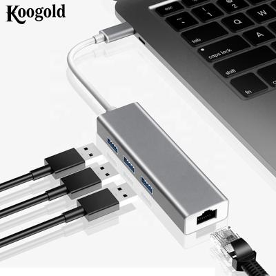 China LAPTOP Koogold T107A Type-C to LAN Converter Hub with 3 USB 3.0 Gigabit RJ45 Usb Hub Ethernet Adapter for Macbook/Laptop/Phone for sale