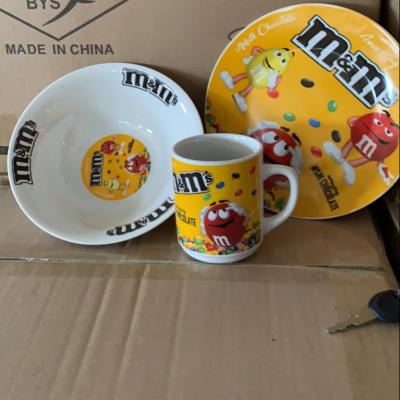 China Viable White Ceramic Ware 3pcs Kids Cartoon Breakfast Dinner Set With Dish, Bowl And Cup Or Cup for sale