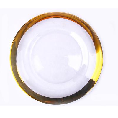 China Sustainable Wholesale Clear Glass Charger Dish Wedding For Tableware With Silver Decoration for sale