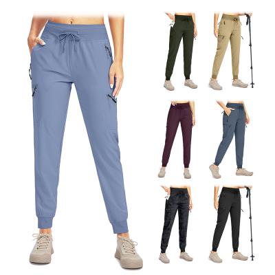 China Anti-Wrinkle Women's Waisted Sports Tracksuit Tops And Pants Quick Dry Ladies Increasing Joggers Cargo Pants With 5 Zipper Pockets for sale