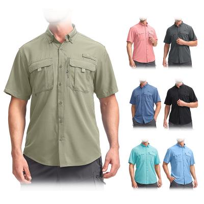 China Summer Mens Antibacterial Upf 50+ Custom Button Down Fishing Shirt Anti UV Work Sleeve Short Sleeve Shirt With Zipper Pockets for sale