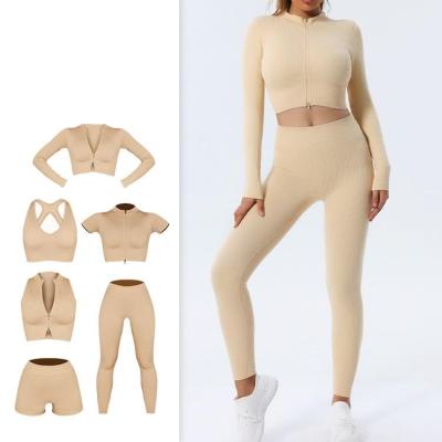 China Autumn Winter Breathable Popular Woman Seamless 6 Piece Gym Fitness Ribbed Nets Zip Up Crop Butt Gaiters Yoga Wear Lifting Sports Set for sale