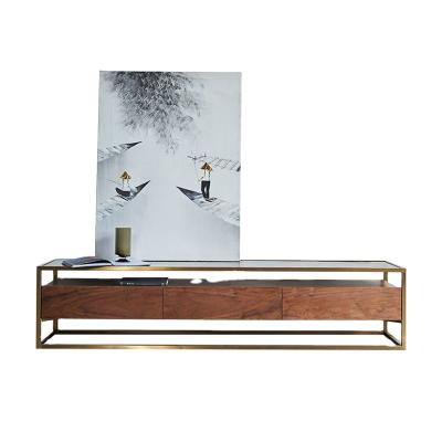 China Luxury Modern Home Tempered Glass Veneer TV Stand Walnut Table Living Room Furniture for sale