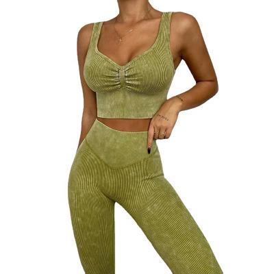 China Breathable Ribbed Washed Sport Yoga Equipment Crop Set Women Seamless Top Shirt Gaiters Two Piece Set for sale