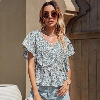 China 2022 New Daisy Print V-neck Women's Breathable Short Sleeve Full With Ruffle Sleeve for sale