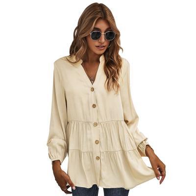 China QUICK DRY High Quality V-Neck Puff Button Puff Sleeve Women Long Sleeve Tops for sale