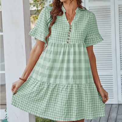 China 2022 Summer Viable Hot Sale Plaid Printed Short Sleeve Dresses For Women Daily for sale