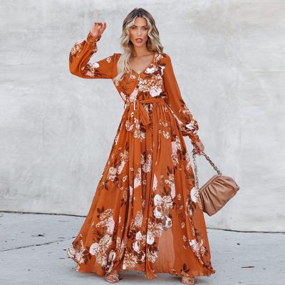 China 2022 New Breathable Spring Floral Print Ladies Skirts Long Dress Women Maxi Dresses for sale