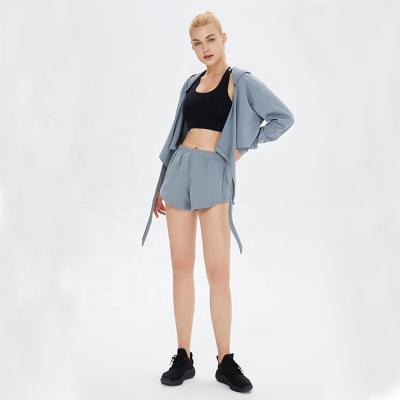 China Sportwear Strap Ribbon Design QUICK DRY Custom Casual Cross Women Shorts Set Hoodies Jacket and Shorts 2 Piece Set for sale