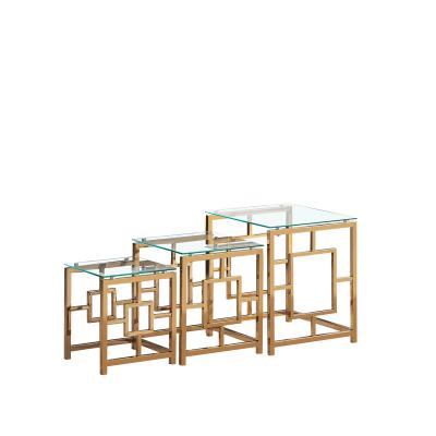 China Durable Home Furniture Gold Nesting Coffee Nest End Table Use Silver Stainless Steel Frame Square Console Table Modern Chinese Classic for sale