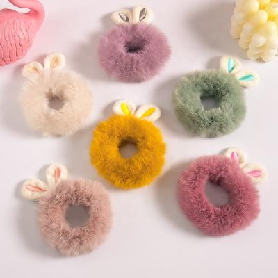 China Wholesale Soft Bunny Elastic Hair Ties Furry Hair Bands Rope Ponytail Holder Rabbit Ear Scrunchies Hair Accessories for sale