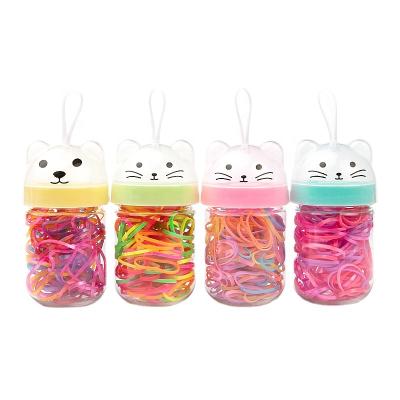 China Promotion Soft Hair Gift Strong Elastic Hair Ties No Wrinkle No Damaged Rainbow Cat Cartoon Bottle Disposable Rubber Bands for sale