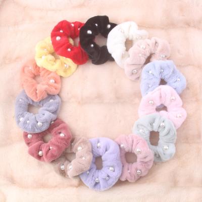 China Stylish Vintage Rabbit Fur Fabric With Beads Bands Elastic Hair Ties Rope Ponytail Holder For Women Girls Tornado Hair ScrunchiesS for sale