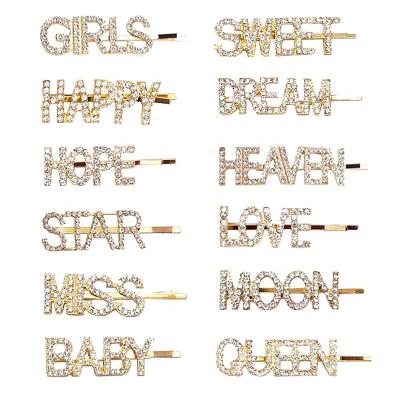 China European and American Letter Hair Clips Rhinestone Hair Clips Bobby Pins Metal Bling Letter Barrettes Crystal Words Hair Pins Glitter Style for sale