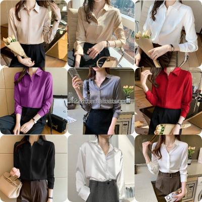 China 2023 summer new top women's satin tops female version Korean round chef's long-sleeved shirt temperament anti-shrink for sale