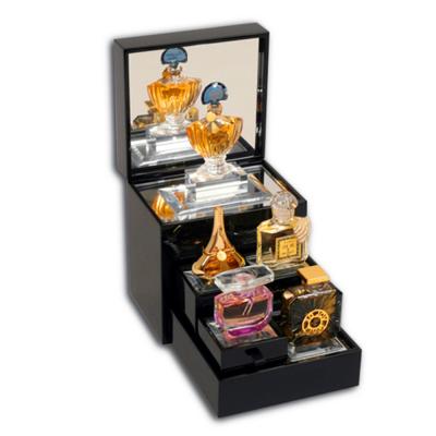 China 3 Layer Environmental Friendly Stage Black Acrylic Perfume Display Stand Cosmetic Holder With Mirrored for sale