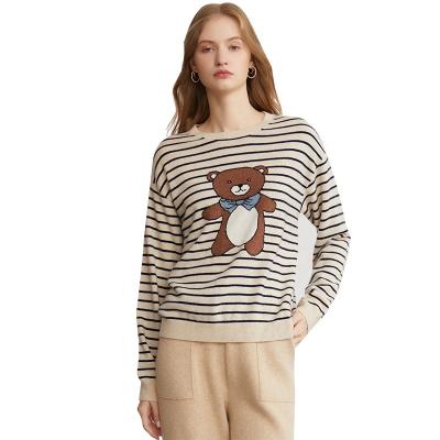 China Wholesale Custom 100% Cashmere Cartoon Bear Culture Pure Women's Gray Camel Stripe Long Sleeve Free Shipping Anti-wrinkle Knitted Sweater for sale