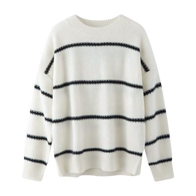 China Free Shipping 2023 Autumn Winter New Casual 100% Pure Cashmere Long Sleeve Round Neck Anti-wrinkle Striped Sweater Women's Knitwear for sale