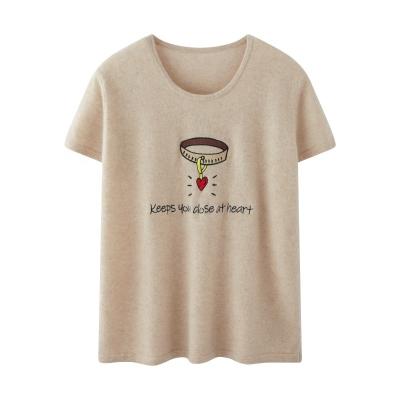 China Free Shipping Custom Wholesale Anti-Wrinkle Spring New Summer 100% Pure Cashmere Embroidered Short Sleeve Round Neck Women Knit T-Shirt for sale