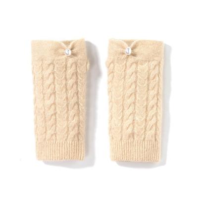 China Cable 100% Real Cashmere Pearl-Hugged Mitten Fingerless Gloves Warm Wrist Length Thumb Hole Glove Feminine Classic Autumn Winter Elegant for sale