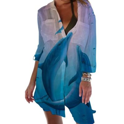 China Custom High Quality Breathable Lose Print Beach Bikini Jacket Plus Size Women's Blouses And Shirts Long Sleeve Shirts for sale