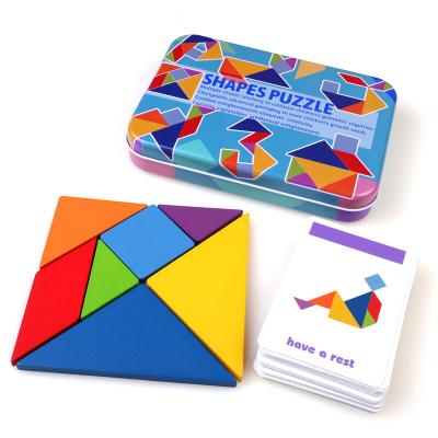 China Cartoon Toy Montessori Wooden Tangram Colorful Square Game Brain Teaser Intelligent Educational 7 Piece Puzzle IQ Toys For Children for sale