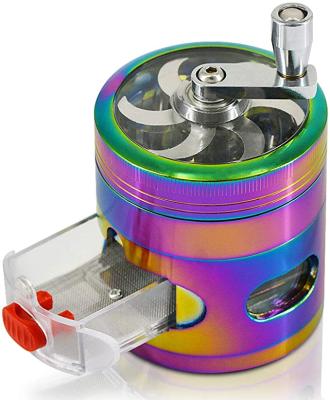 China Aluminum For Smoke Shop Premium Aluminum 4 Layers Rainbow Color Hand Shake Crank Top Herb Grinder Clear With Drawer for sale