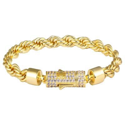 China Hiphop Greatytang Hip Hop Men's Bracelet 6mm 14k 18k Brass Gold Plated 5A Zirconia Iced Out Clasp Rope Men's Bracelet Jewelry for sale