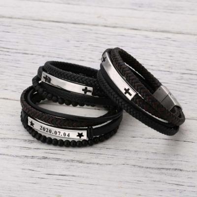 China luxury custom natural cattlehide cowhide cuff stone stainless steel Non-fading logo logo bracelet men leather bracelet men for sale