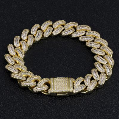 China Wholesale TRENDY 16mm Iced Out Cuban Link Chain Hip Hop Baguette Bracelet 18k Gold Plated Men Diamond Jewelry Cuban Link Bracelet for sale