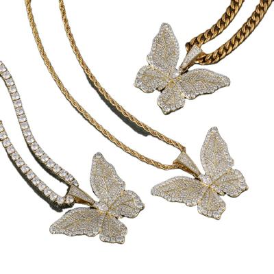 China High Quality Butterfly Necklace Pave Iced Out CZ Diamond Butterfly Pendant Gold Plated Cubic Crystal Small White for sale