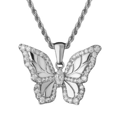 China Greatytang Non-fading White Gold Plated Iced Out CZ Morpho Helena Butterfly Necklace Pendant for sale