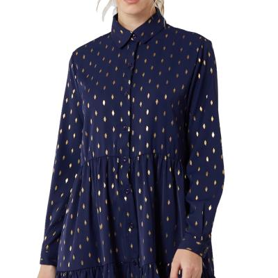 China Women Breathable Metallic Print Collared Shirt Dress Casual Button Front Tunic Poplin Long Sleeve Dresses for sale