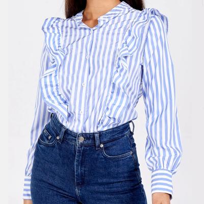 China New Anti-pilling Ruffle Stripe Women's Slim Women's Blouse Ladies Single Casual Shirt Sleeve for sale