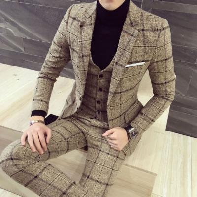 China Autumn Winter British Latest Coat Breathable Breeches Designs 3 Piece Suits Mens Blue Slim Thick Plaid Wedding Dress Suit Tuxedos for sale