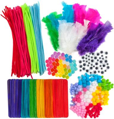 China OEM First Educational Kids Toy DIY Art Craft Kits for Kids Pipe Strippers Feather Craft Buttons Googly Eyes Pom Poms Colored Popsicle Sticks for sale