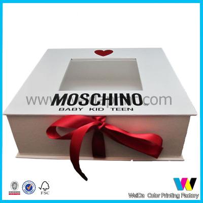 China White Rigid Cardboard Paper Packaging Box with Red Ribbon and Clear Window on Top for sale