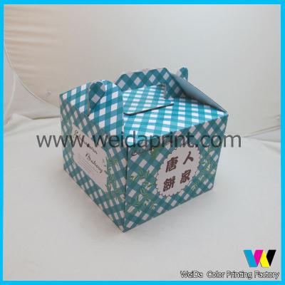 China Blue Cake Packaging Boxes With Handle , Unfolding Flat Paper Food Box for sale