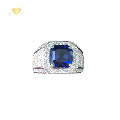 China HY CLASSIC blue sapphire gem hydrothermal asscher cut main stone with diamond edging men's ring in 10k gold for sale