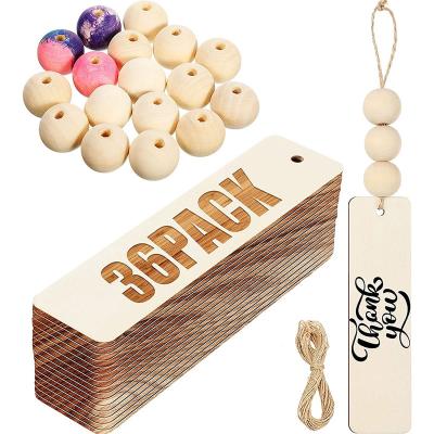 China Europe Wholesale 36pcs Blank Wooden Beads With Wooden Raw Wooden Tags DIY Blank Rope Bookmarks Gift Hanging Tags for sale