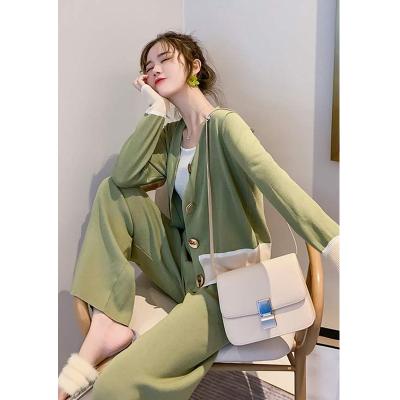 China QA317 Women Autumn Breathable New Arrival Clothes Cardigan Wide Leg Pants Casual Knitted Sweater Outfit Sets for sale