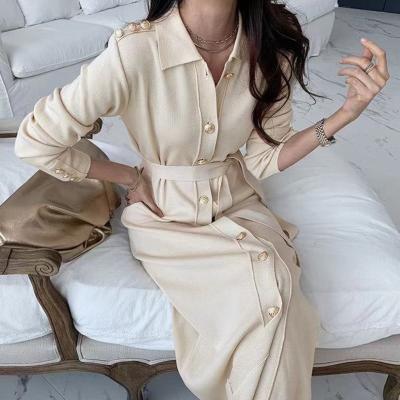 China RT167 breathable Autumn Women Lapel Button Up 2021 knitted dress ladies slims long fitting dresses with belt for sale