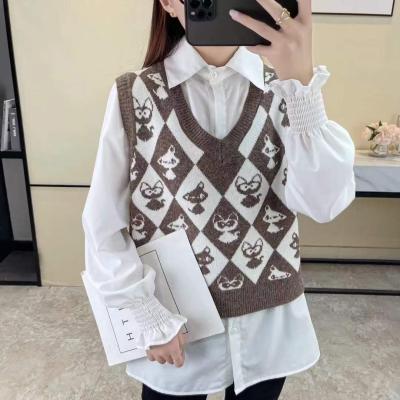 China W005 Viable 2021 Autumn Women 2 Piece Set Top Vest Jumper Animal Printing White Shirt V-Neck Sweater Cardigan for sale