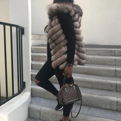 China Winter Plus Size Women Real Fur Hooded Fox Fur Vest Striped Fur Gliet Ladies Coat Sleeveless Jacket for sale